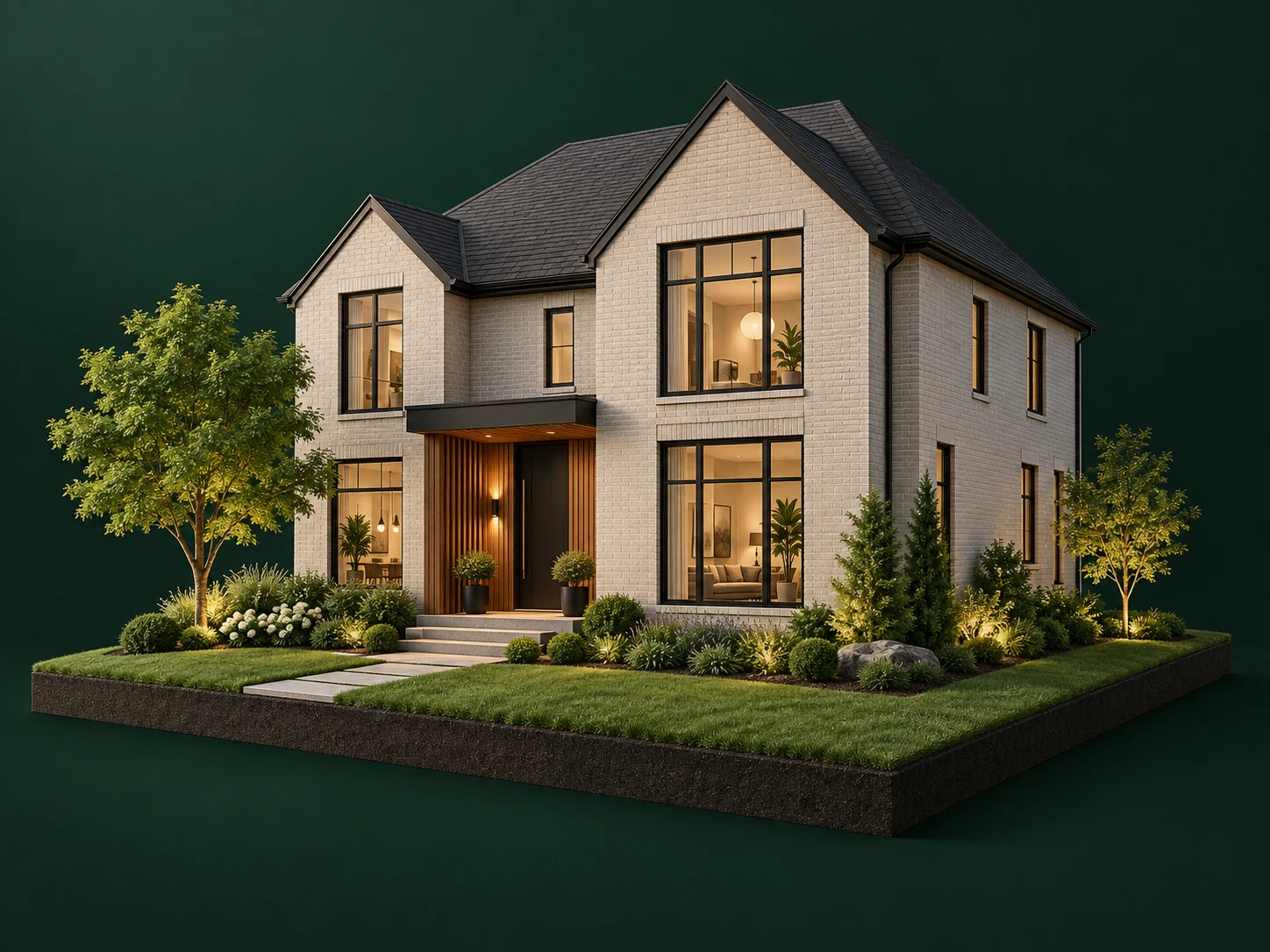 Architectural illustration of a modern home with an inviting entrance and planted garden